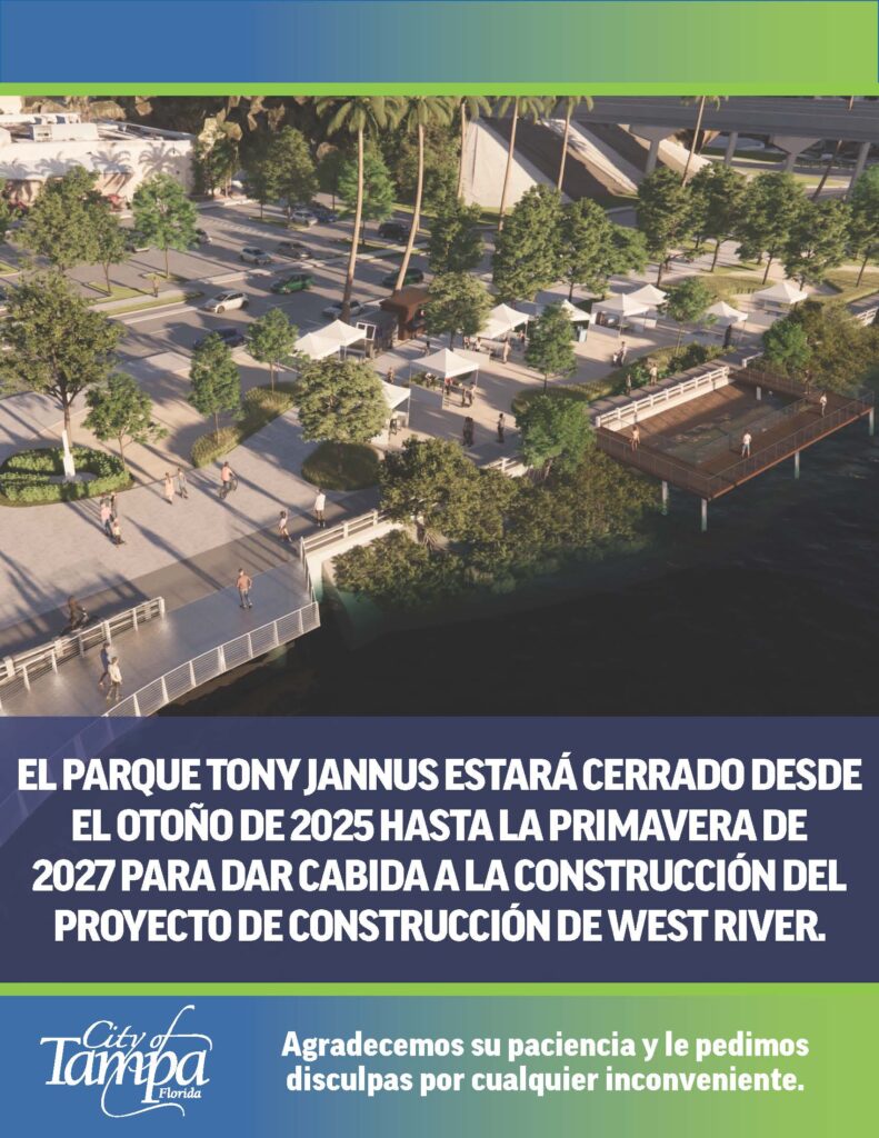 El parque Tony Jannus estará cerrado desde el otoño de 2025 hasta la primavera de 2027 para dar cabida a la construcción del proyecto de construcción de West River.
Agradecemos su paciencia y le pedimos disculpas por cualquier inconveniente.